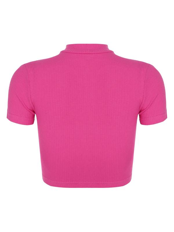 Women Stand Collar Short Sleeve Ribbed Front Zipper Sports Crop Top thumb