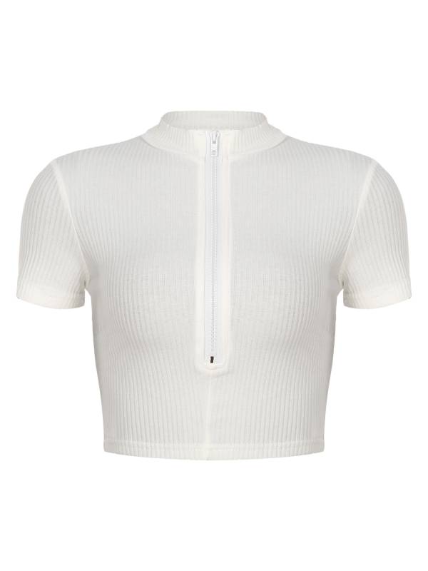 Women Stand Collar Short Sleeve Ribbed Front Zipper Sports Crop Top thumb