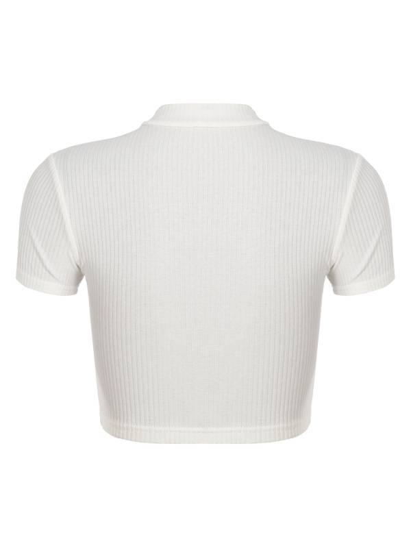 Women Stand Collar Short Sleeve Ribbed Front Zipper Sports Crop Top thumb