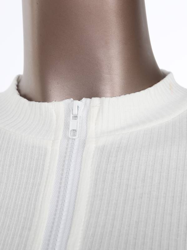 Women Stand Collar Short Sleeve Ribbed Front Zipper Sports Crop Top thumb