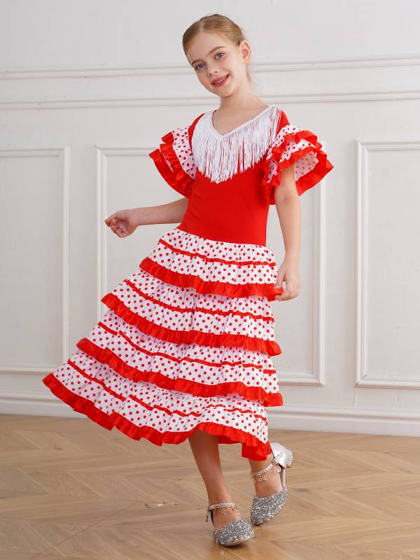 Kids Girls Short Sleeve Tassel V Neck Tiered Ruffles Flamenco Dress thumb