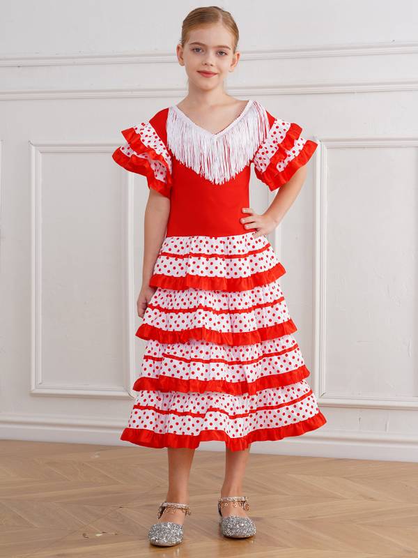 Kids Girls Short Sleeve Tassel V Neck Tiered Ruffles Flamenco Dress thumb