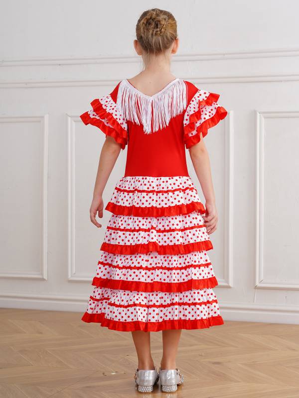 Kids Girls Short Sleeve Tassel V Neck Tiered Ruffles Flamenco Dress thumb