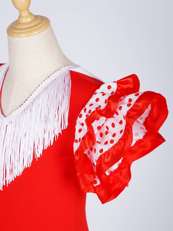 Kids Girls Short Sleeve Tassel V Neck Tiered Ruffles Flamenco Dress thumb