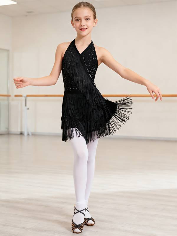 Girls Latin Dance Dress Sleeveless Fringe Strappy Back Dance Leotard thumb