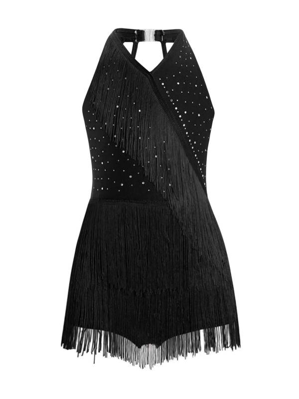 Girls Latin Dance Dress Sleeveless Fringe Strappy Back Dance Leotard thumb