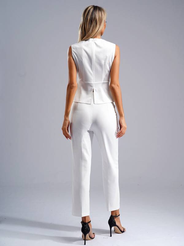 Women 2pcs Sleeveless Asymmetrical Peplum Shirt and Pants Office Work Suit thumb