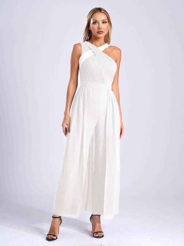 Women Asymmetrical Neck Sleeveless Built-in Chest Pad Party Jumpsuit thumb