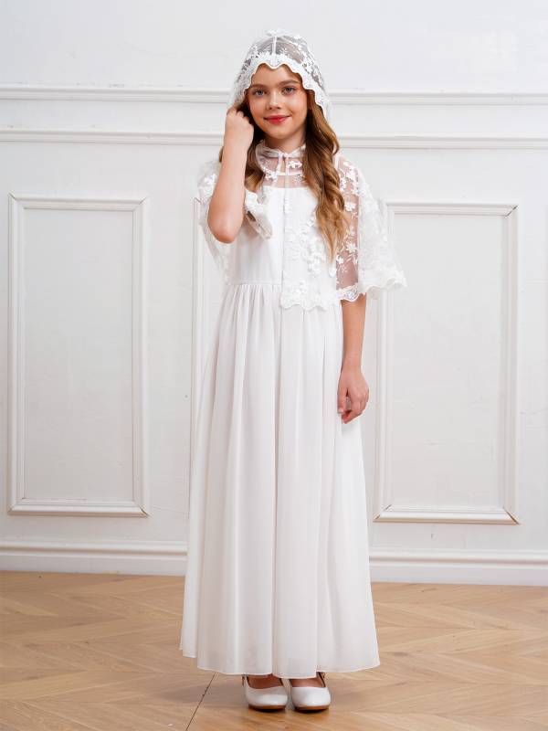 Kids Girls Sleeveless Tulle A-line Dress and Floral Lace Hooded Cape for Party thumb