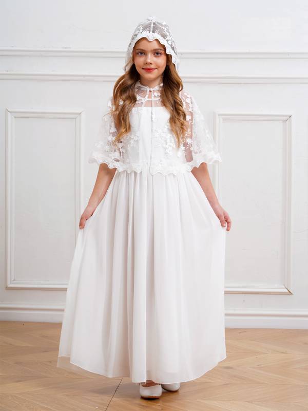 Kids Girls Sleeveless Tulle A-line Dress and Floral Lace Hooded Cape for Party thumb