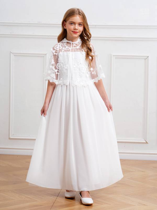 Kids Girls Sleeveless Tulle A-line Dress and Floral Lace Hooded Cape for Party thumb