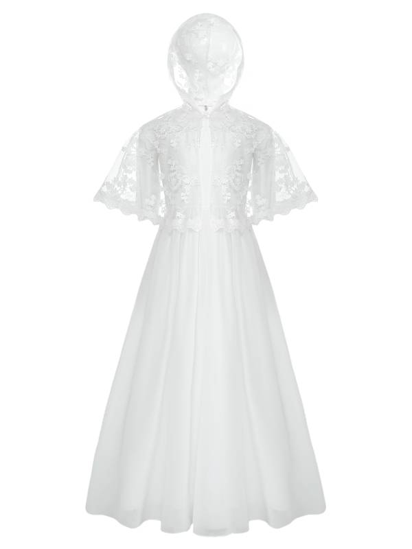 Kids Girls Sleeveless Tulle A-line Dress and Floral Lace Hooded Cape for Party thumb