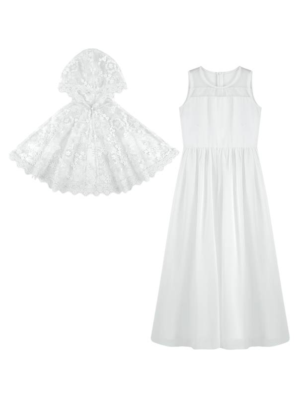 Kids Girls Sleeveless Tulle A-line Dress and Floral Lace Hooded Cape for Party thumb