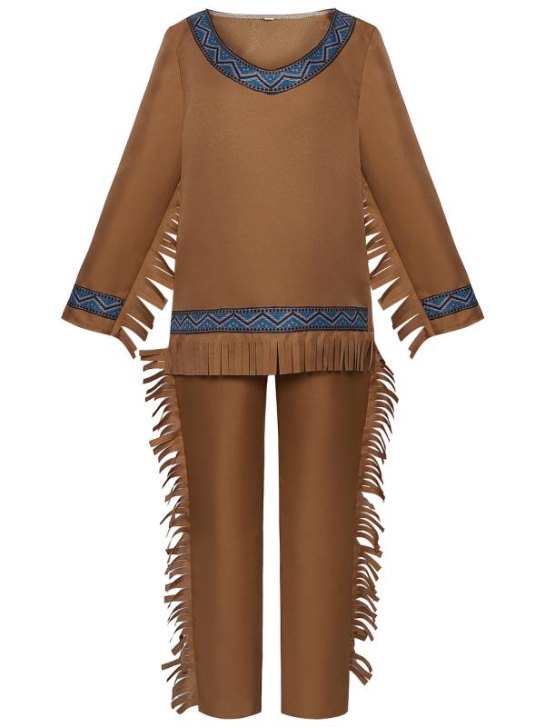 Kids Boys 2pcs Halloween Native Indian Costume Tassels Top and Pants Set thumb