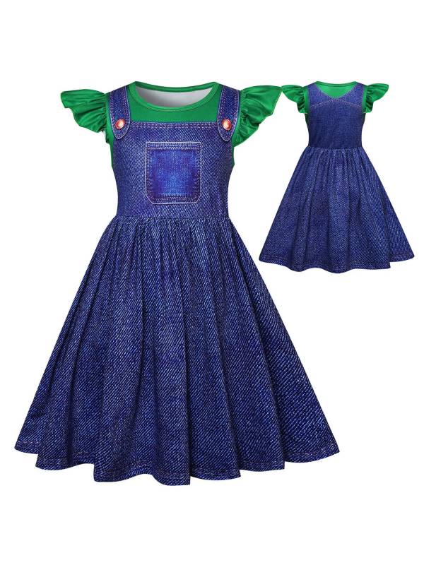 Girls Anime Character Costume Flutter Sleeve A-line 2 in 1 Denim Dress thumb