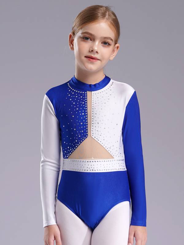 Kids Girls Long Sleeve Colorblock Rhinestones Gymnastics Leotard thumb