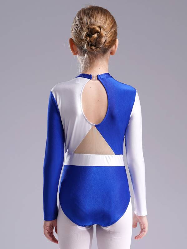Kids Girls Long Sleeve Colorblock Rhinestones Gymnastics Leotard thumb