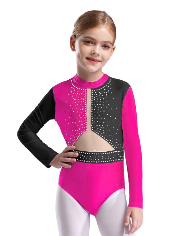 Kids Girls Long Sleeve Colorblock Rhinestones Gymnastics Leotard thumb