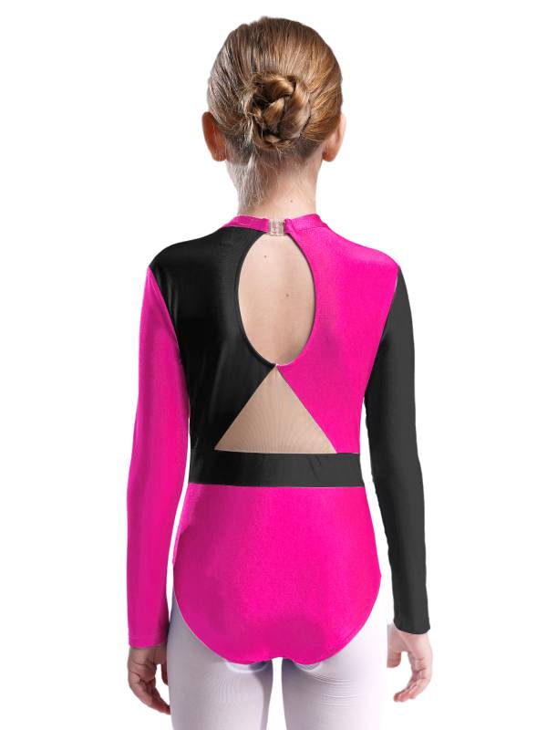 Kids Girls Long Sleeve Colorblock Rhinestones Gymnastics Leotard thumb