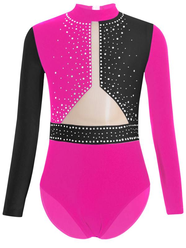 Kids Girls Long Sleeve Colorblock Rhinestones Gymnastics Leotard thumb