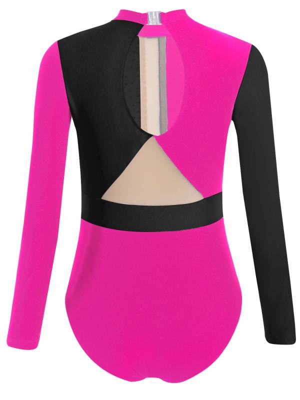 Kids Girls Long Sleeve Colorblock Rhinestones Gymnastics Leotard thumb
