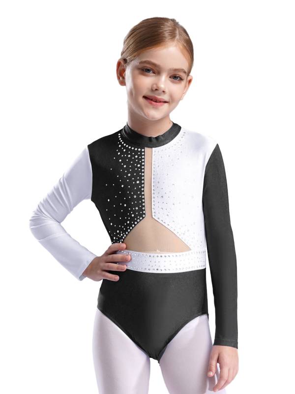 Kids Girls Long Sleeve Colorblock Rhinestones Gymnastics Leotard thumb