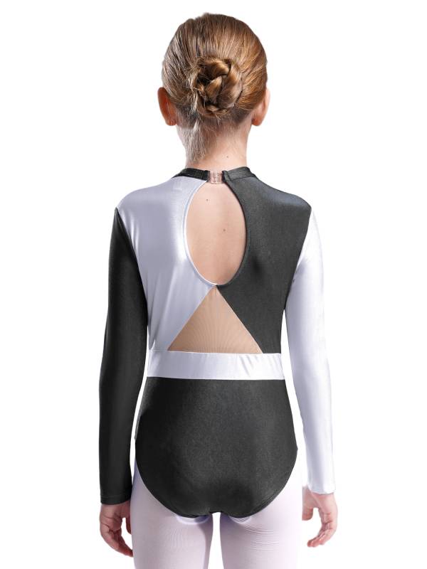 Kids Girls Long Sleeve Colorblock Rhinestones Gymnastics Leotard thumb
