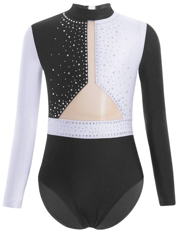 Kids Girls Long Sleeve Colorblock Rhinestones Gymnastics Leotard thumb