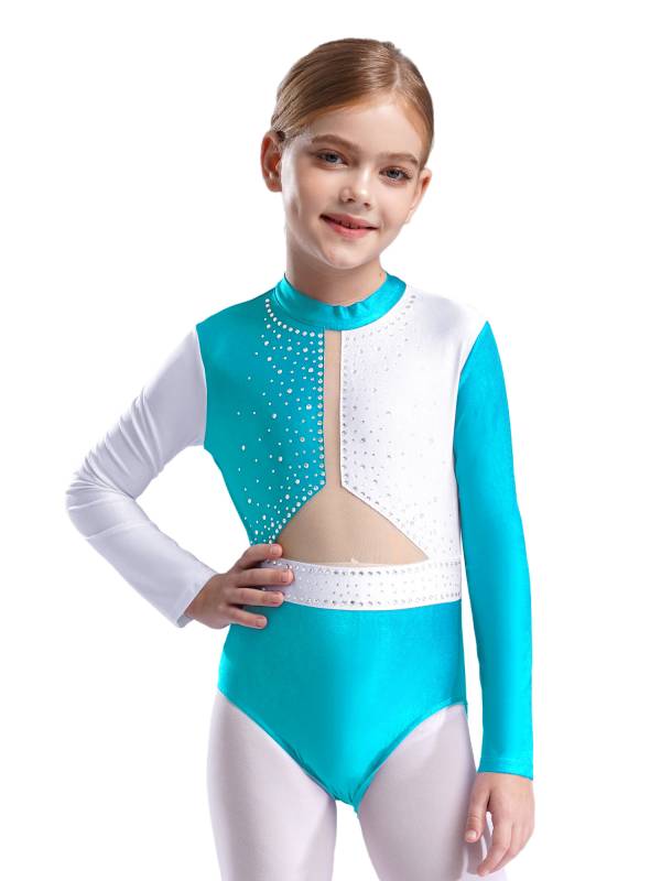 Kids Girls Long Sleeve Colorblock Rhinestones Gymnastics Leotard thumb