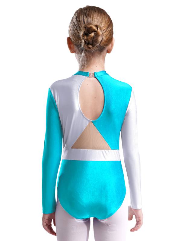 Kids Girls Long Sleeve Colorblock Rhinestones Gymnastics Leotard thumb