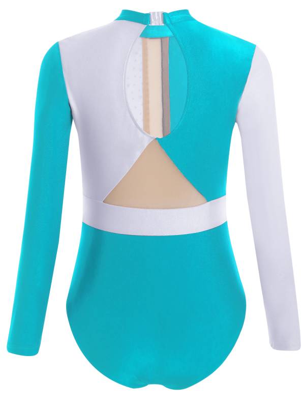 Kids Girls Long Sleeve Colorblock Rhinestones Gymnastics Leotard thumb