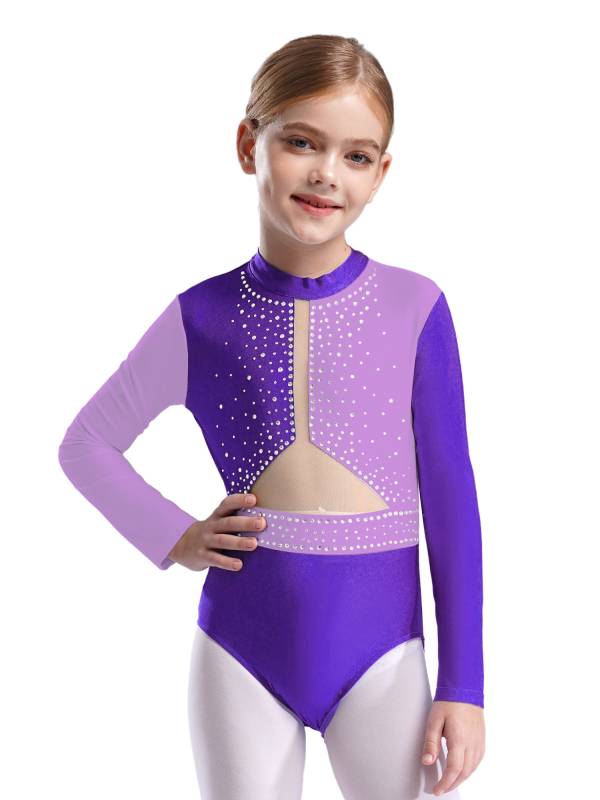 Kids Girls Long Sleeve Colorblock Rhinestones Gymnastics Leotard thumb