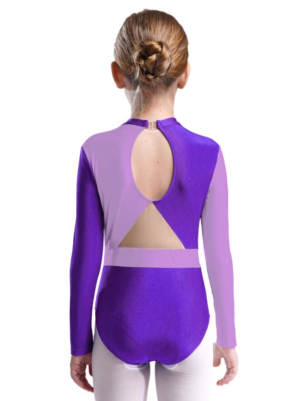 Kids Girls Long Sleeve Colorblock Rhinestones Gymnastics Leotard thumb