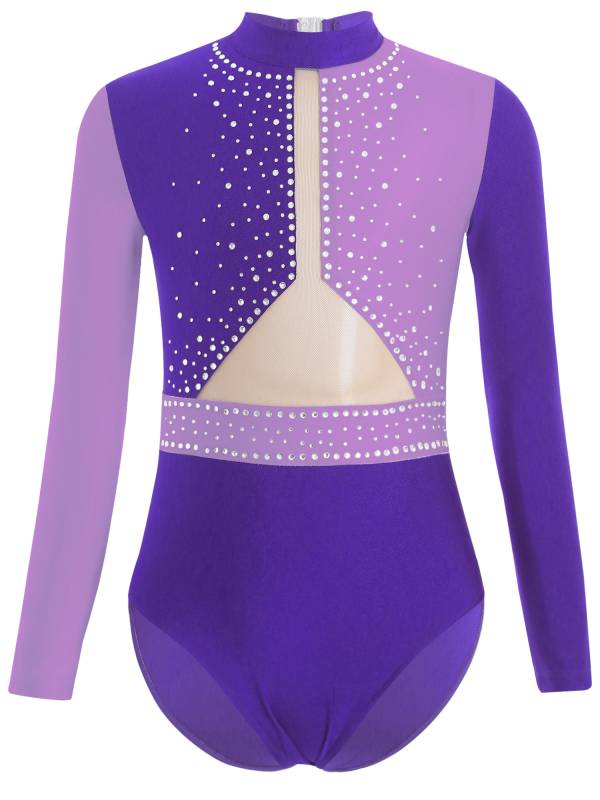 Kids Girls Long Sleeve Colorblock Rhinestones Gymnastics Leotard thumb