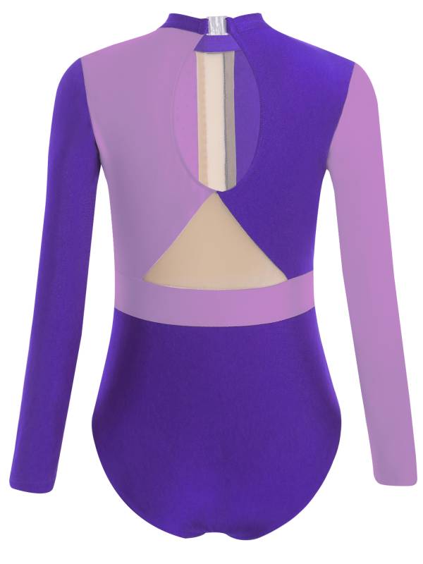 Kids Girls Long Sleeve Colorblock Rhinestones Gymnastics Leotard thumb