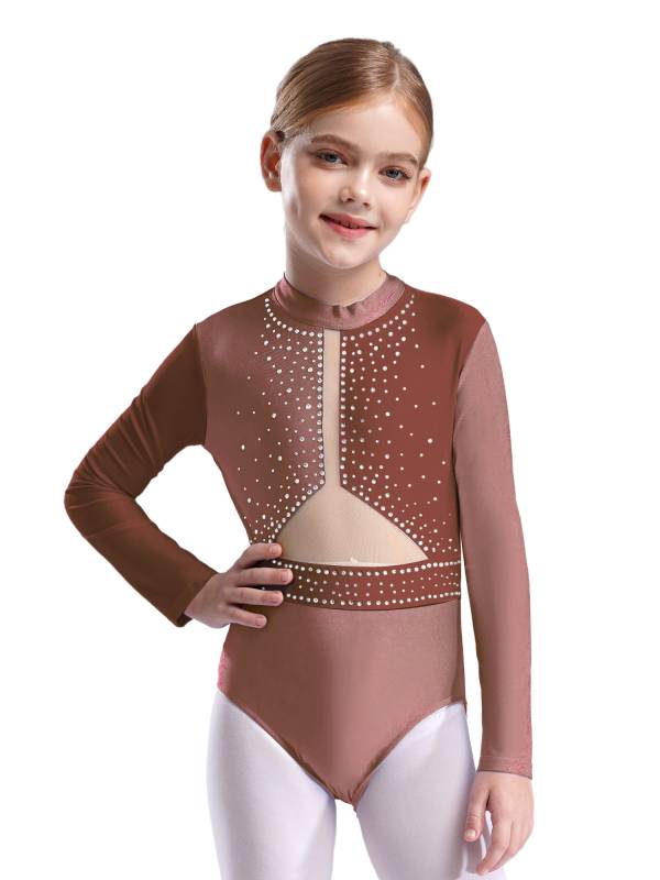 Kids Girls Long Sleeve Colorblock Rhinestones Gymnastics Leotard thumb