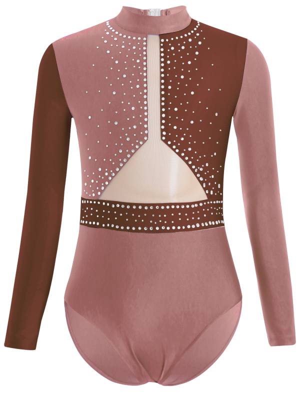 Kids Girls Long Sleeve Colorblock Rhinestones Gymnastics Leotard thumb