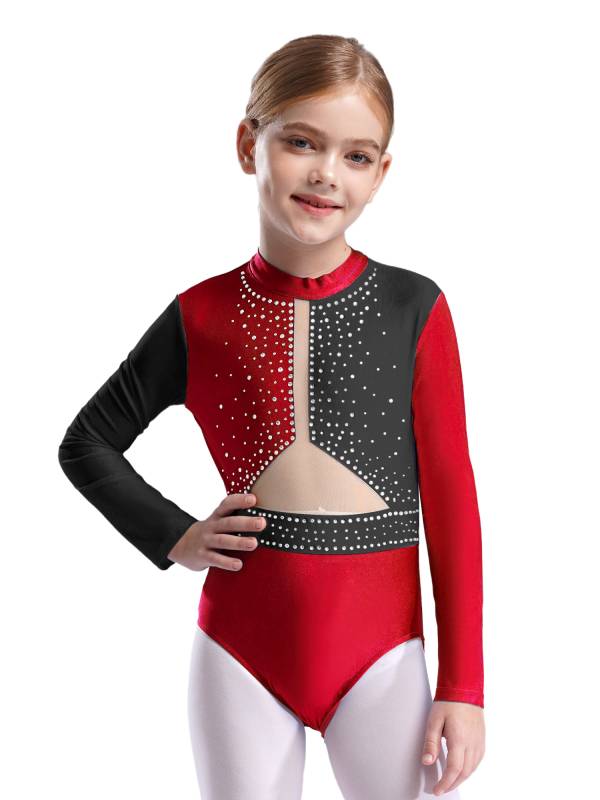 Kids Girls Long Sleeve Colorblock Rhinestones Gymnastics Leotard thumb