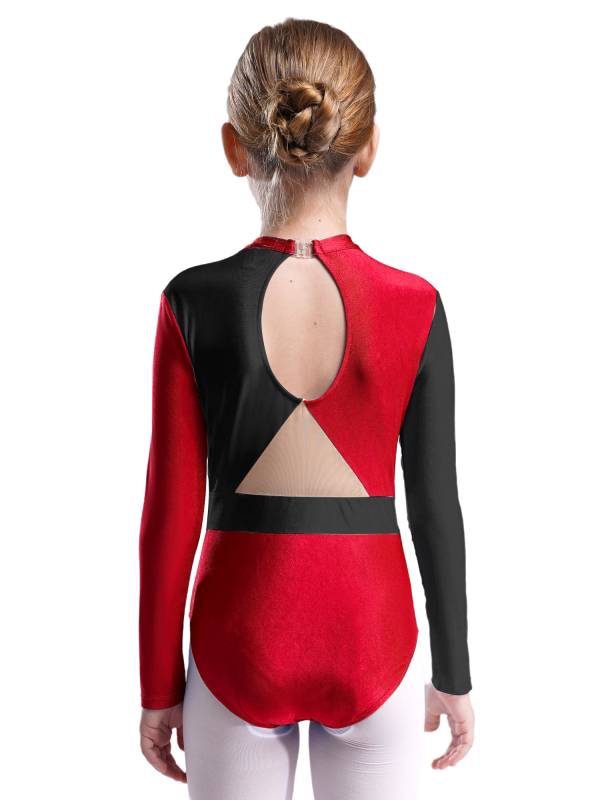 Kids Girls Long Sleeve Colorblock Rhinestones Gymnastics Leotard thumb