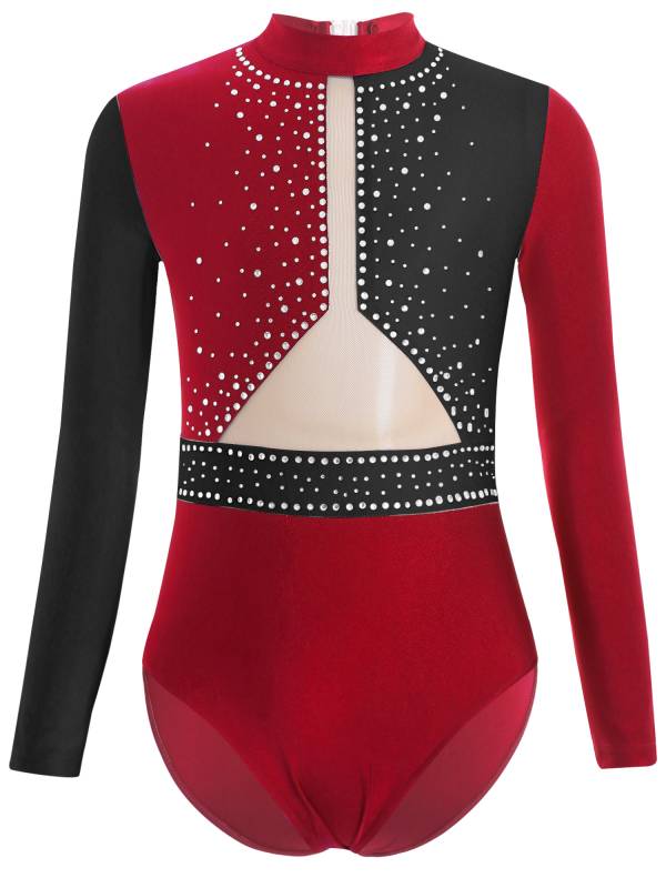 Kids Girls Long Sleeve Colorblock Rhinestones Gymnastics Leotard thumb
