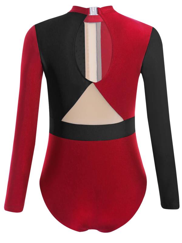 Kids Girls Long Sleeve Colorblock Rhinestones Gymnastics Leotard thumb