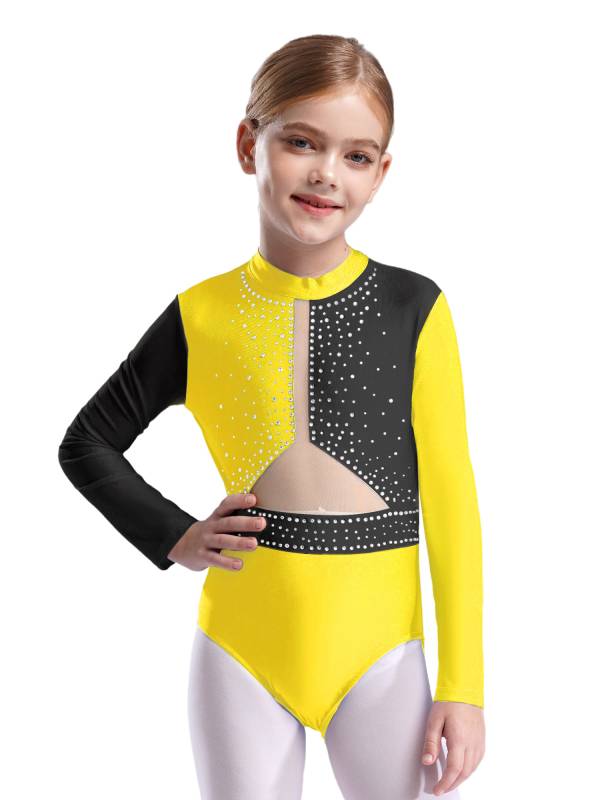 Kids Girls Long Sleeve Colorblock Rhinestones Gymnastics Leotard thumb