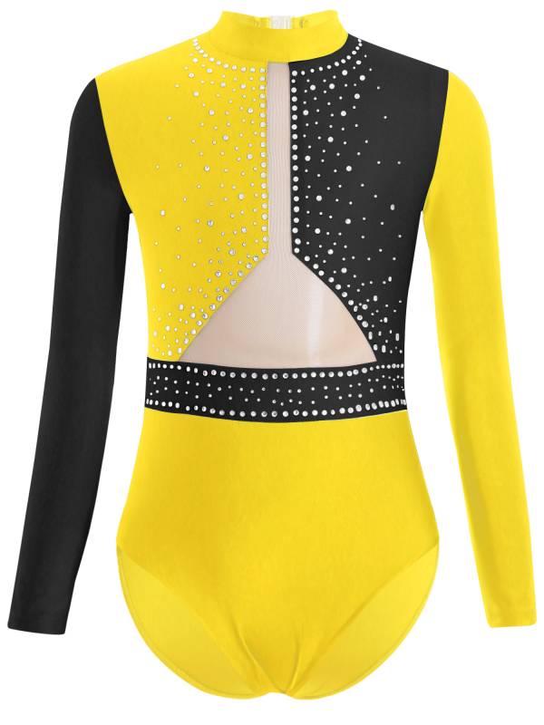 Kids Girls Long Sleeve Colorblock Rhinestones Gymnastics Leotard thumb