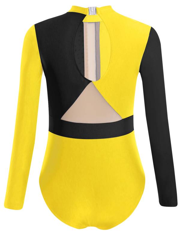 Kids Girls Long Sleeve Colorblock Rhinestones Gymnastics Leotard thumb