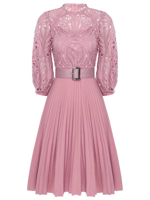 Women 3/4 Sleeve Lace Bodice High Waist A-line Party Dress with Belt thumb