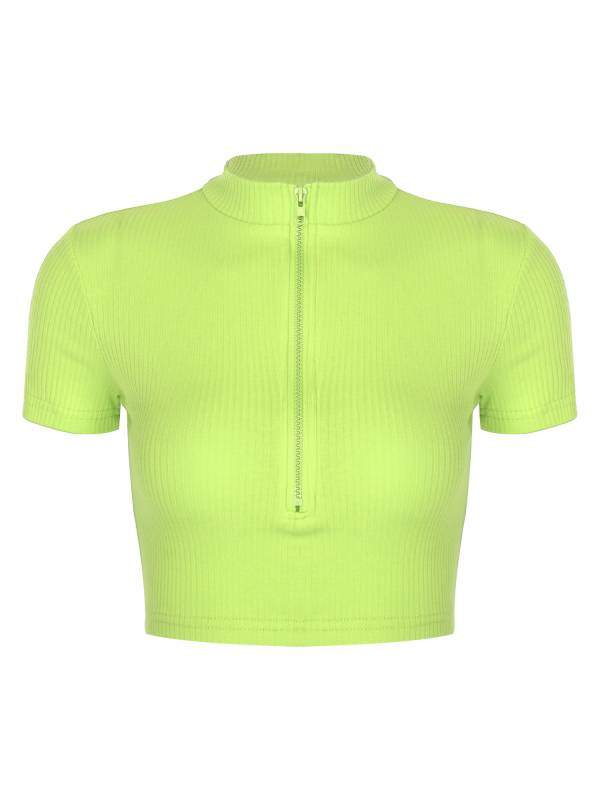 Women Stand Collar Short Sleeve Ribbed Front Zipper Sports Crop Top thumb