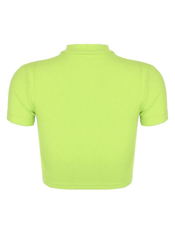 Women Stand Collar Short Sleeve Ribbed Front Zipper Sports Crop Top thumb