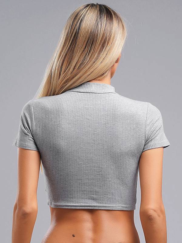 Women Stand Collar Short Sleeve Ribbed Front Zipper Sports Crop Top thumb