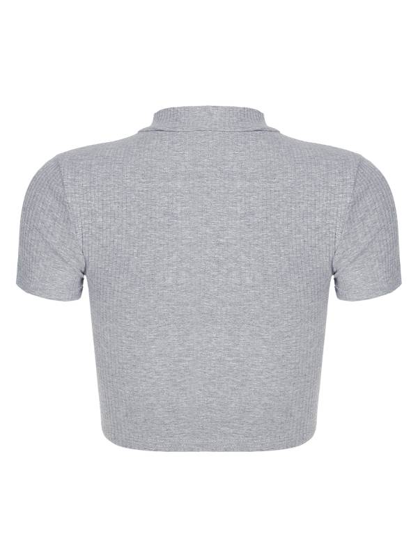 Women Stand Collar Short Sleeve Ribbed Front Zipper Sports Crop Top thumb