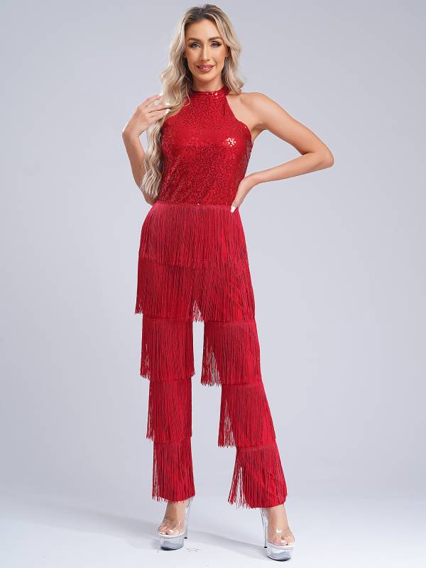 Women Sleeveless Backless Sequins Tiered Tassel Jumpsuit for Latin Dance thumb